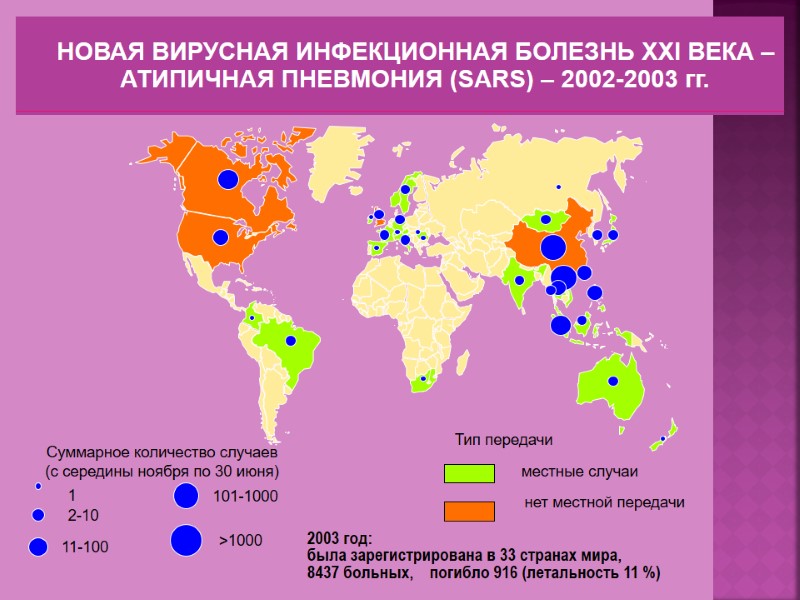 2003 год: была зарегистрирована в 33 странах мира, 8437 больных,    погибло
